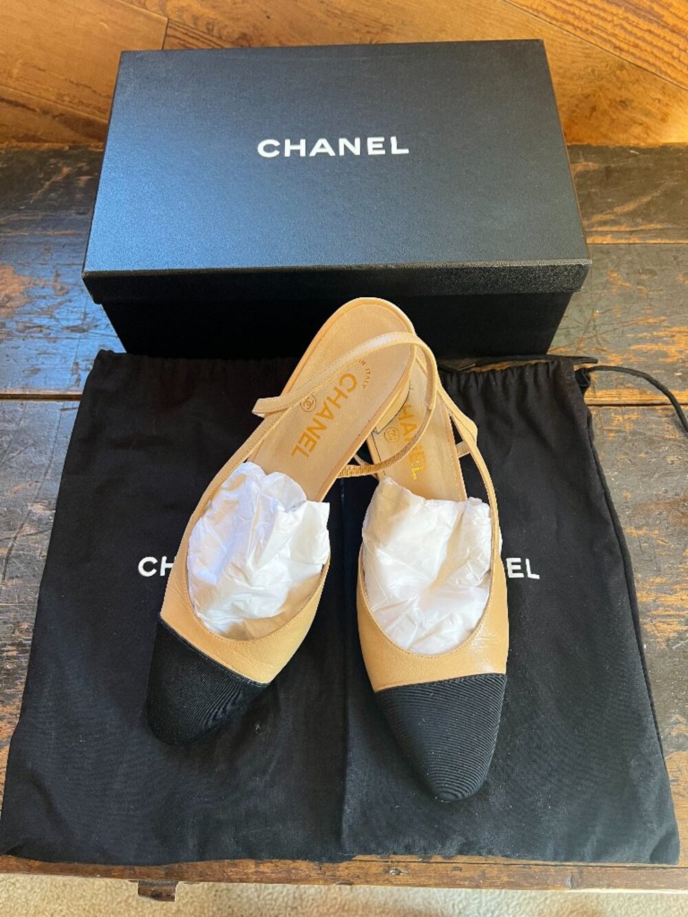 Chanel Slingbacks Goatskin & Grosgrain Beige & Black - Size 41.5